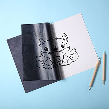 Outus 100 Sheets Carbon Graphite Transfer Paper A4 Size Tracing Carbon Copy Graphite Paper with 5 Embossing Stylus Tracing Stylus Dotting Tools for Dark Cloth Fabric Embroidery and Wood, Black&White - color: Black, White