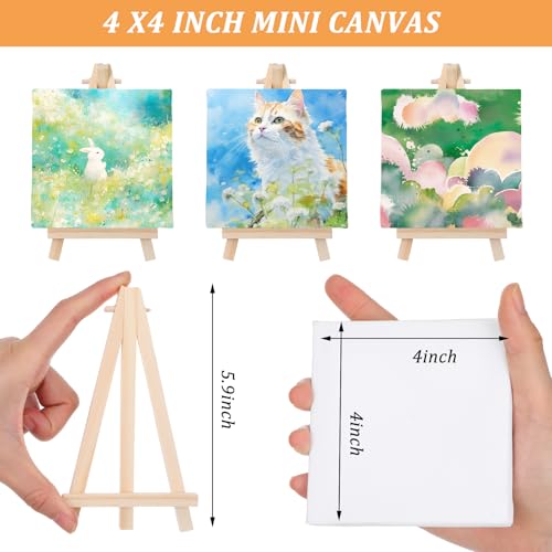 32 Pcs Mini Canvas and Easel Set, 4 x 4 Inch Canvas Panels with 6 Inch Wooden Easels, Art Canvases Painting Kit for Oil Acrylic Painting, Home Decor, Party Favors, Gifts