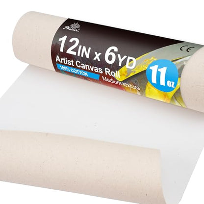 PHOENIX 12 Inch Wide x 6 Yard (18 Feet) Long Canvas Roll | 100% Cotton 11 Oz. Gesso Primed, Ready to Use Unstretched Professional Roll of Canvas for Oil & Acrylic Painting - size: 12 inch x 6 yard, style: 11 oz.