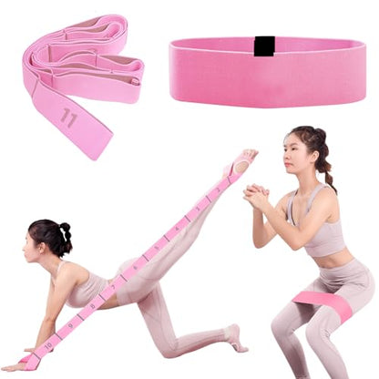 Glute Bands and 11-Loop Stretch Band Set, Fabric Booty Band for Glute Activation, Adjustable Stretching Strap for Yoga, Pilates, Dance, Ballet, Flexibility, Leg Workouts & Home Exercise - color: Pink