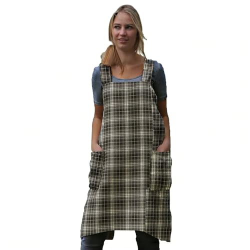Women's Pinafore Square Apron Baking Cooking Gardening Works Cross Back Cotton/Linen Blend Dress with 2 Pockets - color: Gingham-black, size: Large