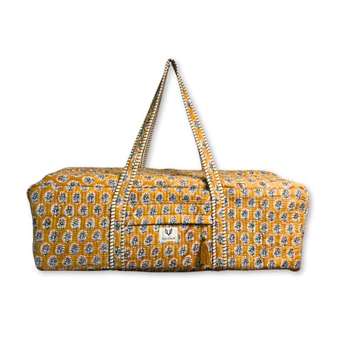 Large Capacity Handblock Printed Yoga Mat bag for Women, Gym Bag, Fits Yoga Blocks, Adjustable strap, Pilates, Gym, Fitness Block & Gear, Light and Durable - color: Marigold Earth