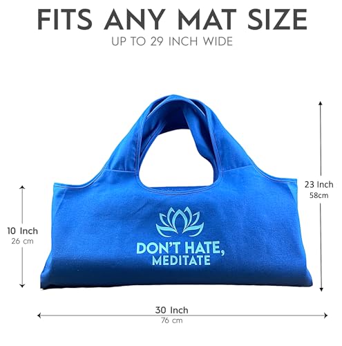 Wild Essentials Yoga Bag, Exercise, Tote, Large Carrier, Shoulder Strap, Inner Pocket, Fits Most Mats, Recycled Cotton Canvas - color: Blue-Don’t Hate Meditate