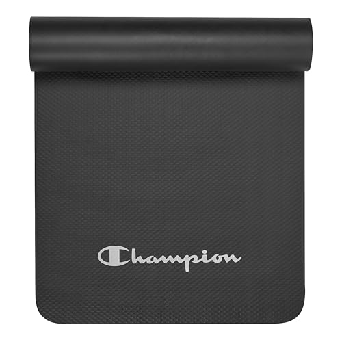 Champion 10mm Exercise Mat, Cushioned Non-Slip Workout Mat with Textured Base for Yoga, Pilates, Stretching & Floor-Based Training, Lightweight NBR Material, Includes Carry-On Strap - color: Black
