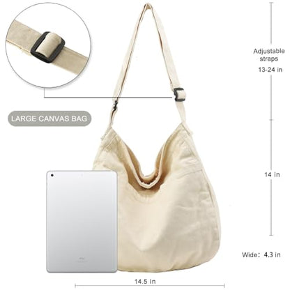 Canvas Tote Bag Casual Hobo Crossbody Shoulder Bag for Women and Men Large Purse Messenger Bag Travel Work - color: 1-b Beige