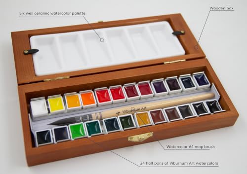 Professional Watercolor Paint Set - 24 Half Pan Highly Pigmented Transparent Water Color Adult Paints with #4 Synthetic Water color Brush, Ceramic Mixing Palette & Wooden Box Gift Watercolor Kit