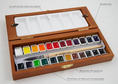 Professional Watercolor Paint Set - 24 Half Pan Highly Pigmented Transparent Water Color Adult Paints with #4 Synthetic Water color Brush, Ceramic Mixing Palette & Wooden Box Gift Watercolor Kit