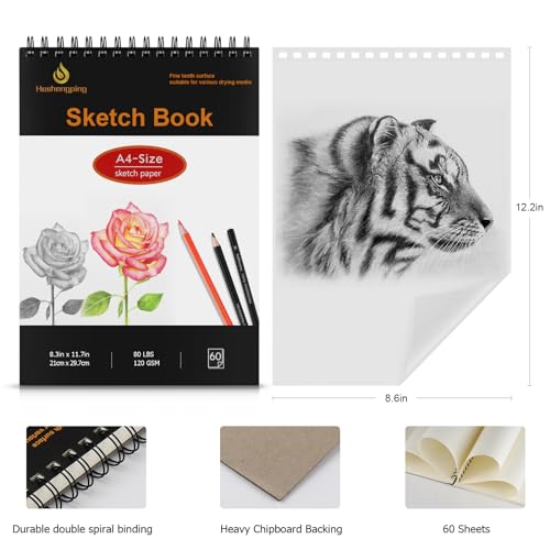 8.3"x11.7" Sketch Book, 2- Pack 2x60 Sheets Spiral Bound Art Skethbook, Sketch Pad (80 lb. / 120 GSM), Artist Drawing Book White Paper Painting Sketching Pad