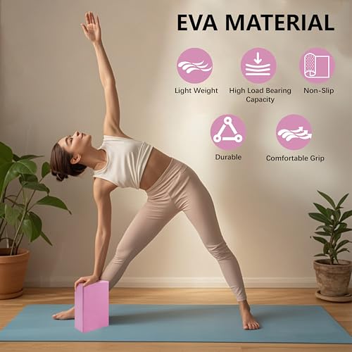 MAOMUN 6 Yoga Blocks 2 Pack with Yoga Strap and Beveled Edges, Anti-Slip Pilates Block Set Yoga Brick, Soft Lightweight Pilates Accessories for Balance Stability Stretching Pilates