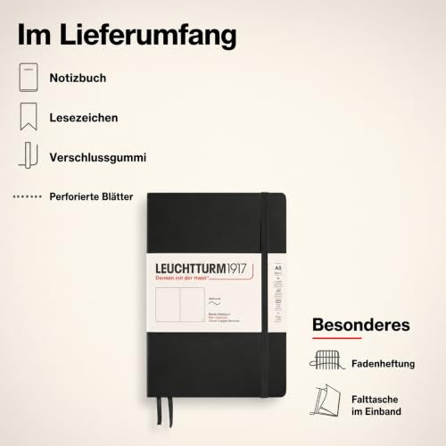 LEUCHTTURM1917 - Notebook Softcover Medium A5-123 Numbered Pages for Writing and Journaling (Plain, Black)