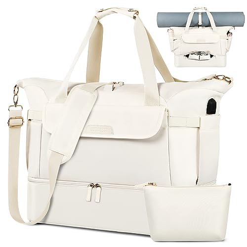 Travel Bag for Women, Sports Gym Duffel Bag, Weekender Overnight Bag with Wet Pocket and Shoes Compartment, Carry On Tote Bag Gym Yoga Duffel Bag for Men - color: Beige