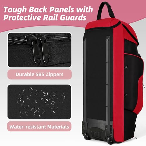 Shopsource Catchers Gear Bag with Wheels, Rolling Baseball Softball Bag with 4 Bat Sleeves, Fence-Hooks, Separate Shoe Compartments and Multi-Pockets, Sturdy Back Base Plate