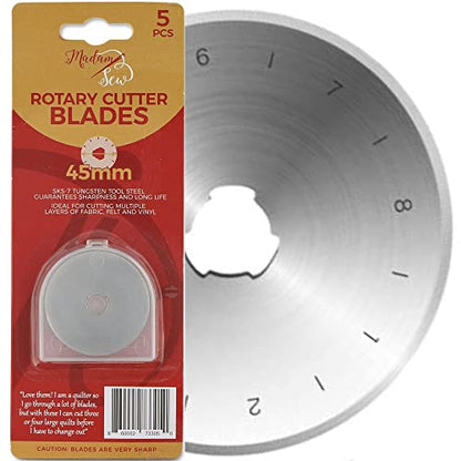 Madam Sew 45mm Rotary Cutter Replacement Blades, 5 Tungsten Steel Blades | Cuts Thick Layers of Fabric, Felt, Leather and Vinyl – Compatible with Fiskars, Olfa, Clover and Other Brands - size: 45mm blades