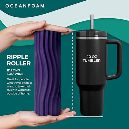 Oceanfoam Ripple Travel Foam Roller (11" x 3.35") Firm Mini Foam Roller for Physical Therapy, Deep Tissue Massage, Back Pain - High Density, Ergonomic Wave Textured - Yoga, Pilates, Exercise (Purple) - color: Purple