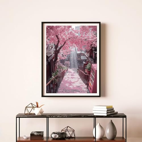 RYMILIE Diamond Art Kits for Adults Cherry Blossom Street 12x16inch | 5D Stress Relief Diamond Painting Kit for Beginners, DIY Full Round Drill Gem Art Crafts for Home Wall Decor Gift - color: DP04066