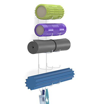 Wallniture Guru Yoga Mat Holder Wall Mount with 3 Hooks for Hanging Yoga Strap, Resistance Bands, 5-Sectional Metal - color: White, size: 31.5'' H | 5 Sectional