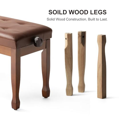 Adjustable Height Duet Piano Bench, Wooden Piano Stool with Waterproof Padded Cushion, Bench Seat for Vanity, Bedroom, Living Room, Light Brown - color: Duet-wood