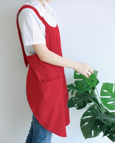 Japanese Style Linen Cotton Cross Back Pinafore Apron with Pockets for Women Ladies Men Chef Kitchen Cooking Baking - color: Women's Size Red