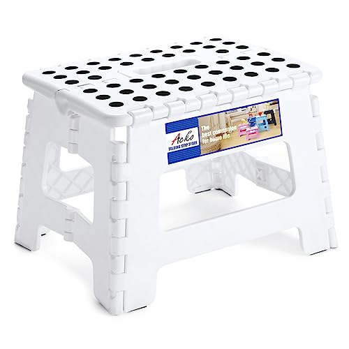 ACKO 9 Inch Folding Step Stool, Non-Slip Foldable Stools for Kids, White | Heavy Duty Collapsible Foot Stool, Lightweight, Holds 300lb for Toddler/Adults Kitchen Bathroom Bedroom Outdoor, with Handle - color: White, size: 9 Inch
