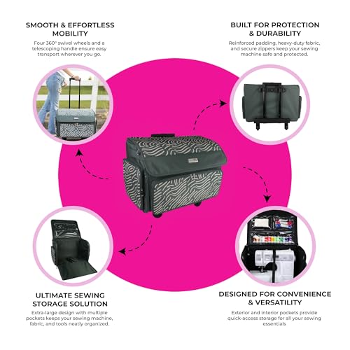 Everything Mary 4 Wheels Collapsible Deluxe Sewing Machine Storage Case - Rolling Trolley Carrying Bag for Brother, Singer - color: Grey & Pink