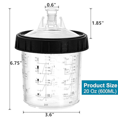 Yesland Disposable Paint Sprayer Mixing Gun Cup Liners and Lid System for Automotive Paint Gun, 20 Pack Paint Cups 20 Ounce (600ml) Kit, 20 Lids with Strainer, 8 Plugs, 1 Hard Cup with Retainer Ring