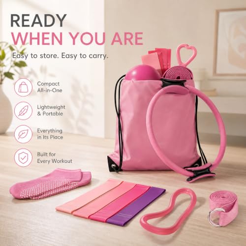 Pilates Ring and Ball Set, 6 Pcs Home Pilates Kit with 13” Circle Circle Yoga Ring 3 Resistance Bands 9.8” Pilates Ball Pilates Grip Socks, Pilates Essential Kit for Women Girl Home Workouts - size: 13 PCS