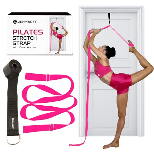 Pilates Stretching Strap with Door Anchor for Flexibility Training | Improve Leg Flexibility, Core Stability and Posture Alignment - Ideal for Pilates, Stretching, Mobility and Home Workouts - color: Pink