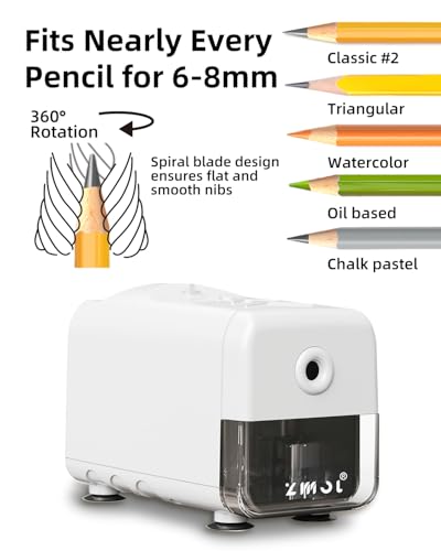 ZMOL Heavy Duty Electric Pencil Sharpener, Plug-in, 6.5-8mm, White | Auto Stop,Fast Sharpening, for Colored Pencils,Large ShavingsBin, Stable Desk Base, for Classroom/Office/Art Studio Use - color: White