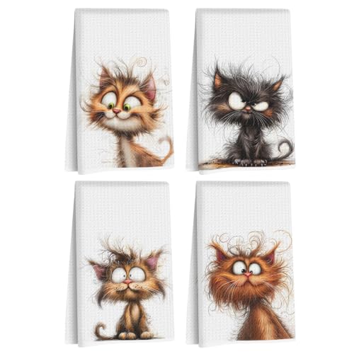 4 Pcs Funny Cat Kitchen Towels, Cute Cats Gifts Reusable Hand Towels-05 | Cat Dish Cloths for Drying Dishes, Cats Waffle Dish Towels for Kitchen Bathroom Decor, Cat Lover Gifts for Women Mom Grandma - color: Multi 1622