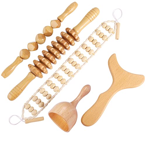 Wood Therapy Massage Tools Professional Maderoterapia Kit Body Sculpting Tools for Lymphatic Drainage and Anti-Cellulite.Wood Massager Roller Rpoe for Back and Muscle Pain Relief (5pcs)