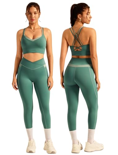 Workout Sets for Women 2 Piece Leggings Set Gym Sets Athletic Yoga Outfits - color: Green, size: Small