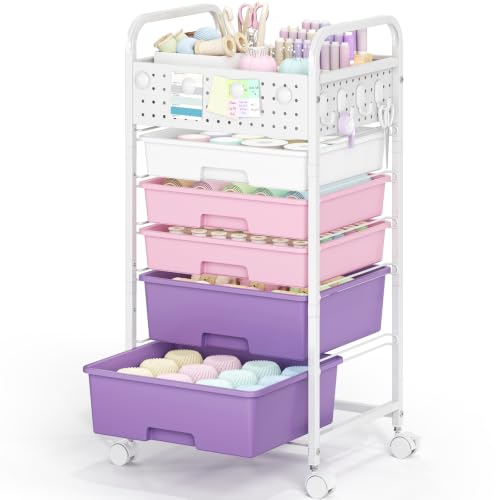 5 Drawer Rolling Storage Cart with Pegboard Top and Hooks, Dreamy Color | Mobile Organizer Cart with Wheels for Office Supplies, Craft Storage, Classroom Organization, Home Utility Cart - color: Dreamy Color, size: 5-Drawers
