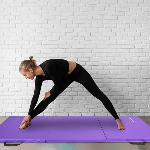 BalanceFrom 6x2 Feet 3-Panel Folding Gymnastics Mat – 1.5-Inch Thick Pad with Vinyl Surface and Carrying Handles for Tumbling, Yoga, Pilates, Home Workouts, and Martial Arts - color: Purple