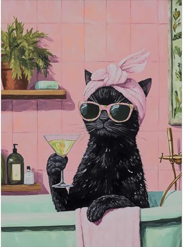 Black Cat Diamond Art Kits for Adults Diamond Painting Kit for Beginner | Bathroom Animal 5D Funny DIY Diamond Dots Full Drill Crafts for Gem Art Dot Art for Adults Home Wall Decor for Teens 12x16 in - color: DP03744