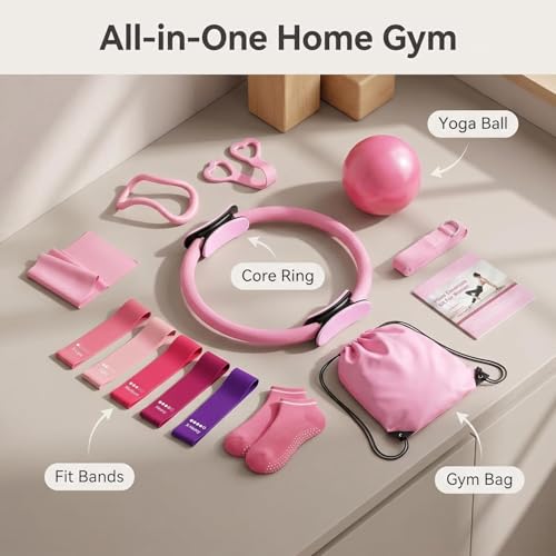 13/15Pcs Pilates Kit for Women, Pilates Equipment for Home Workouts with Magic Circle, Ball, Resistance Bands, Pilates Starter Set for Strength, Toning and Flexibility - color: Pink-13PCS Larger