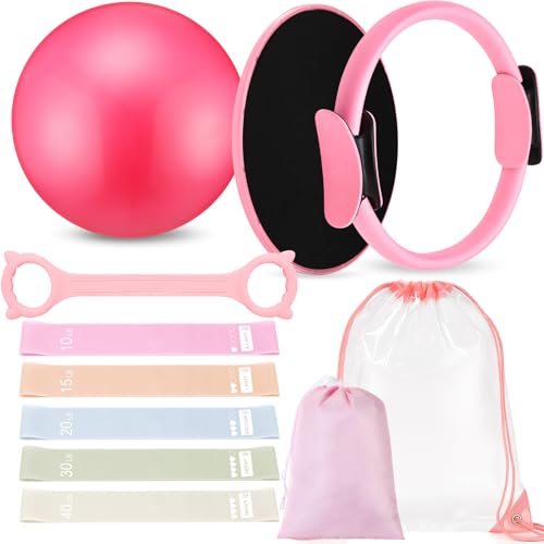 Silipull 11 Pcs Pilates Ring Set for Women, Yoga Home Gym Equipment with 12" Ring, 9.8" Exercise Ball, 5 Resistance Bands, 8 Figure Strap, Core Sliders & Storage Bag, for Beginner Workouts & Gifts