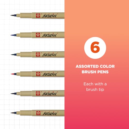SAKURA Archival Brush Pens, Assorted Vibrant Colors, 6 Count | For Calligraphy, Coloring, Brush Lettering & Illustration, Pigment-Based, Smear & Fade-Resistant, Bleed-Free Ink - color: Black, Blue, size: 6 Count (Pack of 1)