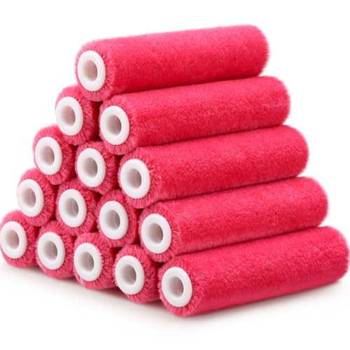Leumoi 24 Pcs 4 Inch Mohair Paint Roller Covers 3/16" mini Shedding Resistant Small Painting Rollers Fits All Flat Surface Kitchen Cabinets, Doors, Tables, Works with All Paints and Stain (Pink) - color: Pink