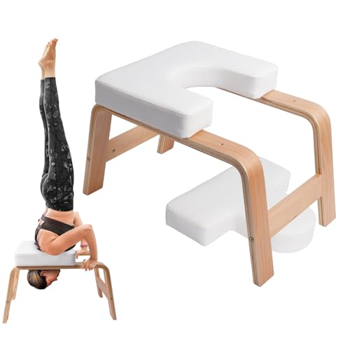 Yoga Headstand Bench PU Pad Headstand Trainer Max Load 300lbs | Yoga Headstand Bench Stress Relief Balance Trainer Supports with Wood Frame and Pu Pad Body Shaping Practice - color: White