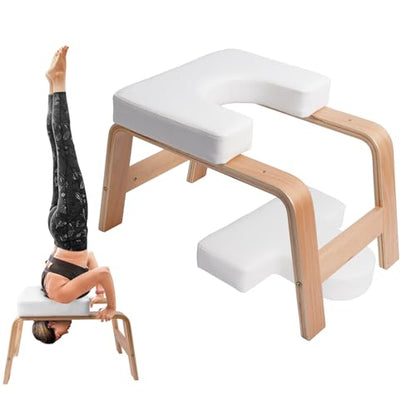 Yoga Headstand Bench PU Pad Headstand Trainer Max Load 300lbs | Yoga Headstand Bench Stress Relief Balance Trainer Supports with Wood Frame and Pu Pad Body Shaping Practice - color: White