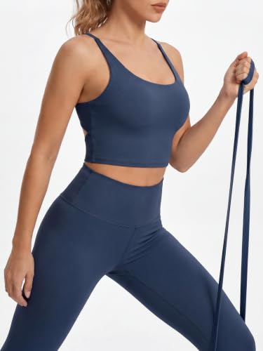 Aoysky Womens Strappy Sports Bra Adjustable Cross Back Longline Crop Top | Buttery soft fabric, Removable padded cups, Convertible straight/cross back, U-neck longline, Yoga gym pilates daily wear - color: Navy, size: Small