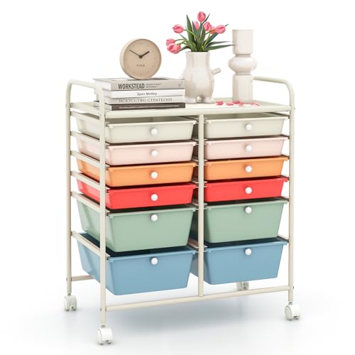 12 Drawer Rolling Storage Cart, Craft Cart Organizer on Wheels w/Metal Frame, Large Capacity & Smooth Drawer, Rolling Cart w/Drawers for Classroom, Office - color: Macaron, size: 12 Drawer