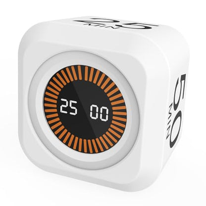 Rotating Cube Visual Pomodoro Timer 5, 25, 10, 50 Min Preset+Custom Mode | Rechargeable Desk Productivity Flip Countdown Timer, On/Off, Detachable Silicone Case, Ideal for ADHD Tool Study Work School - color: White