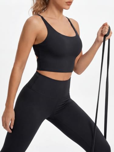 Aoysky Womens Strappy Sports Bra Adjustable Cross Back Longline Crop Top | Buttery soft fabric, Removable padded cups, Convertible straight/cross back, U-neck longline, Yoga gym pilates daily wear - color: Pure Black, size: XX-Large