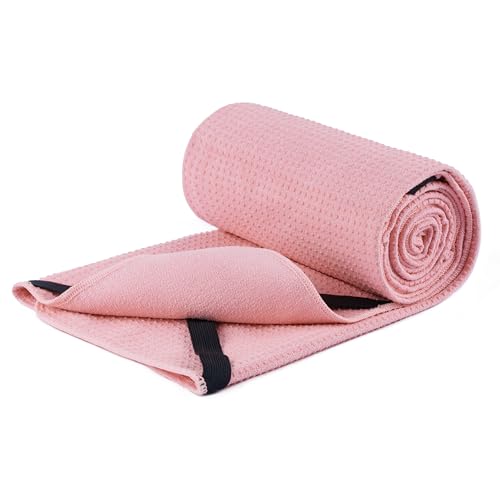 MICROFI New Microfiber Hot Yoga Towel Mat, 24 x 72 inches, with Non-Slip Silicone Grip, Secure Fit Elastic Straps - color: Pink
