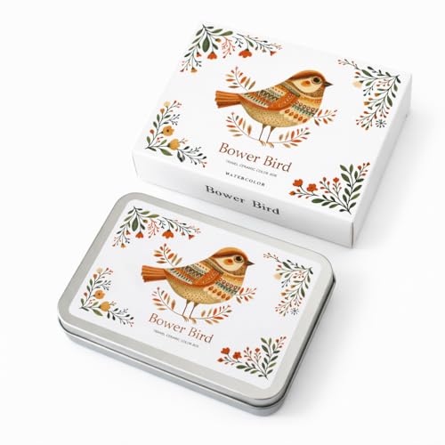 Bower Bird Travel Ceramic Watercolor Palette with Porcelain Mixing Tray, Metal Tin Box, White, 5.3x3.5x0.55 Inches, Portable Art Kit (18Well)