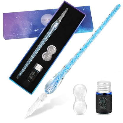 Luxiv Glass Ink Pen Set, Glass Dip Pen with Fluorescent Ink and Pen Holder Art Crystal Glass Pens for Signatures, Business Christmas Gift Glass Ink Pens (Blue, Basic) - color: Blue, style: Basic