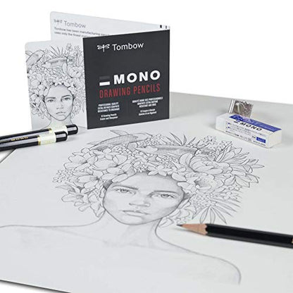 Tombow 51523 MONO Drawing Pencil Set, Assorted Degrees, 12-Pack. Professional Quality Graphite Pencil Set with Eraser and Sharpener
