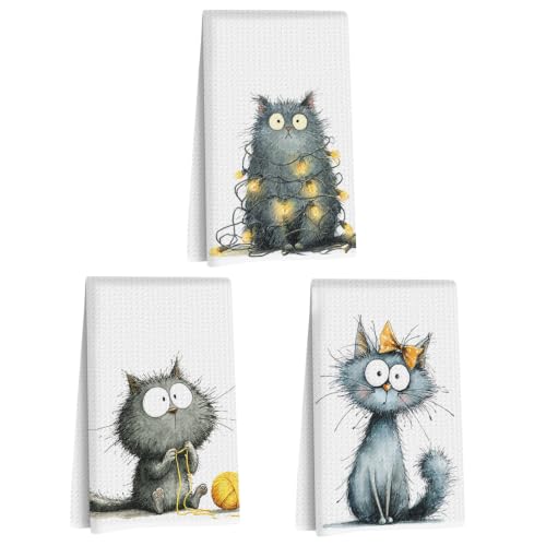 3 Pcs Funny Cat Kitchen Towels, Cute Cats Gifts Reusable Hand Towels-01 - color: Multi 1627