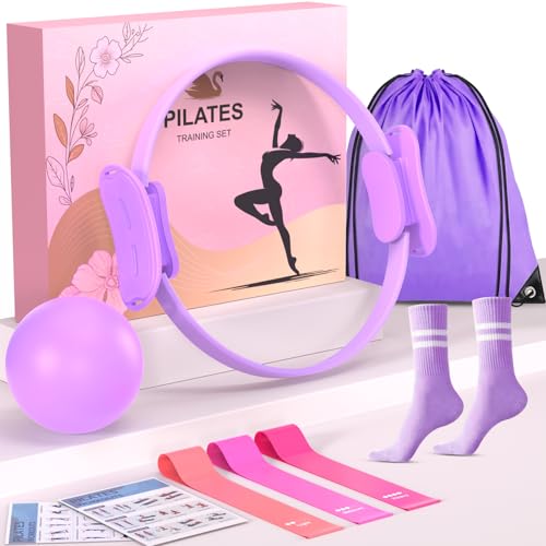 Pilates Kit for Home Workouts Set for Women, Pilates Ring Equipment and Ball Set Home Pilates Workout Kit with 15" Magic Circle Ring and Resistance Bands, A Must-Have for Beginners and Seasoned Yogis - color: purple